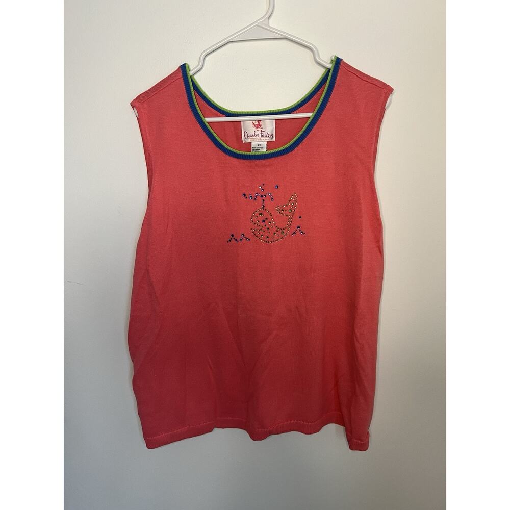 Quaker Factory W 2X Cotton Pink Sweater Vest Rhinestone Whale Green Blue‎ Granny
